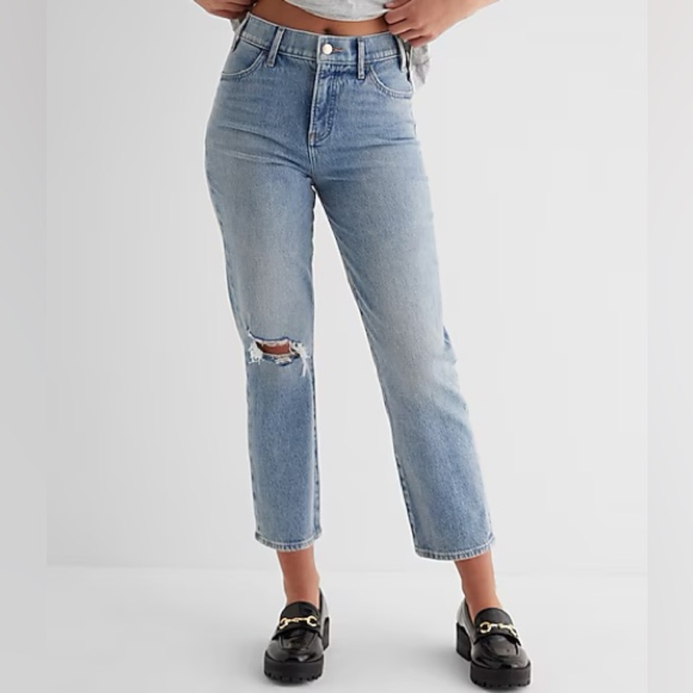 Express High Waisted Light Wash Ripped Straight Ankle Jeans